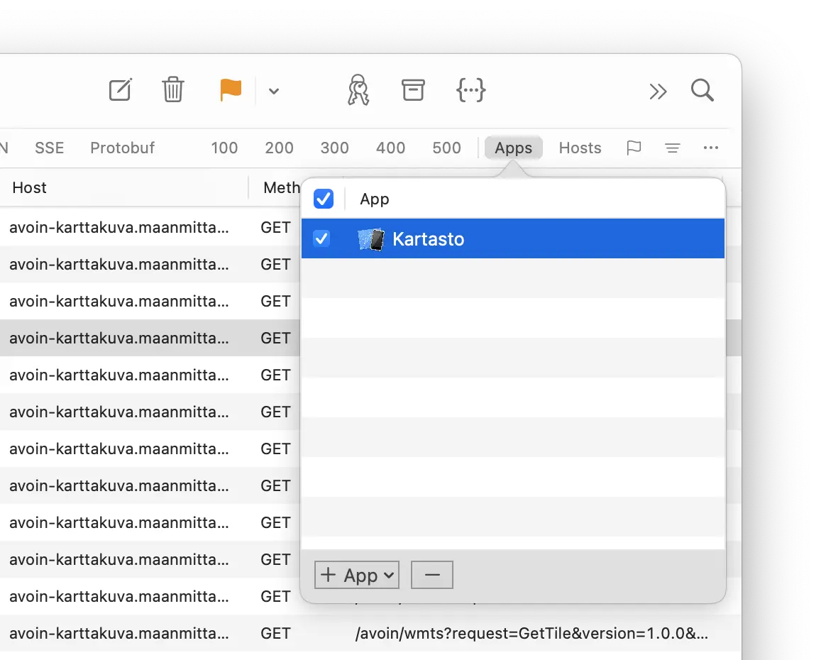 Proxygen History tool showing the App column with traffic from an app running in the iOS Simulator