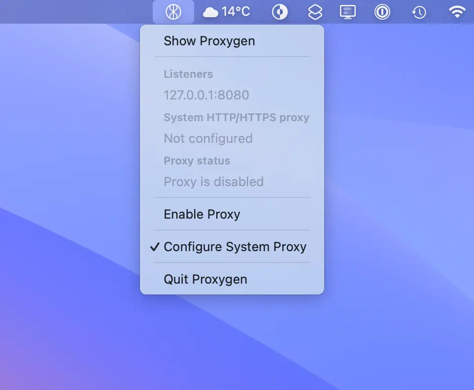Proxygen menu bar item showing listener addresses, system proxy state and proxy status, with controls to enable the proxy and toggle system proxy configuration