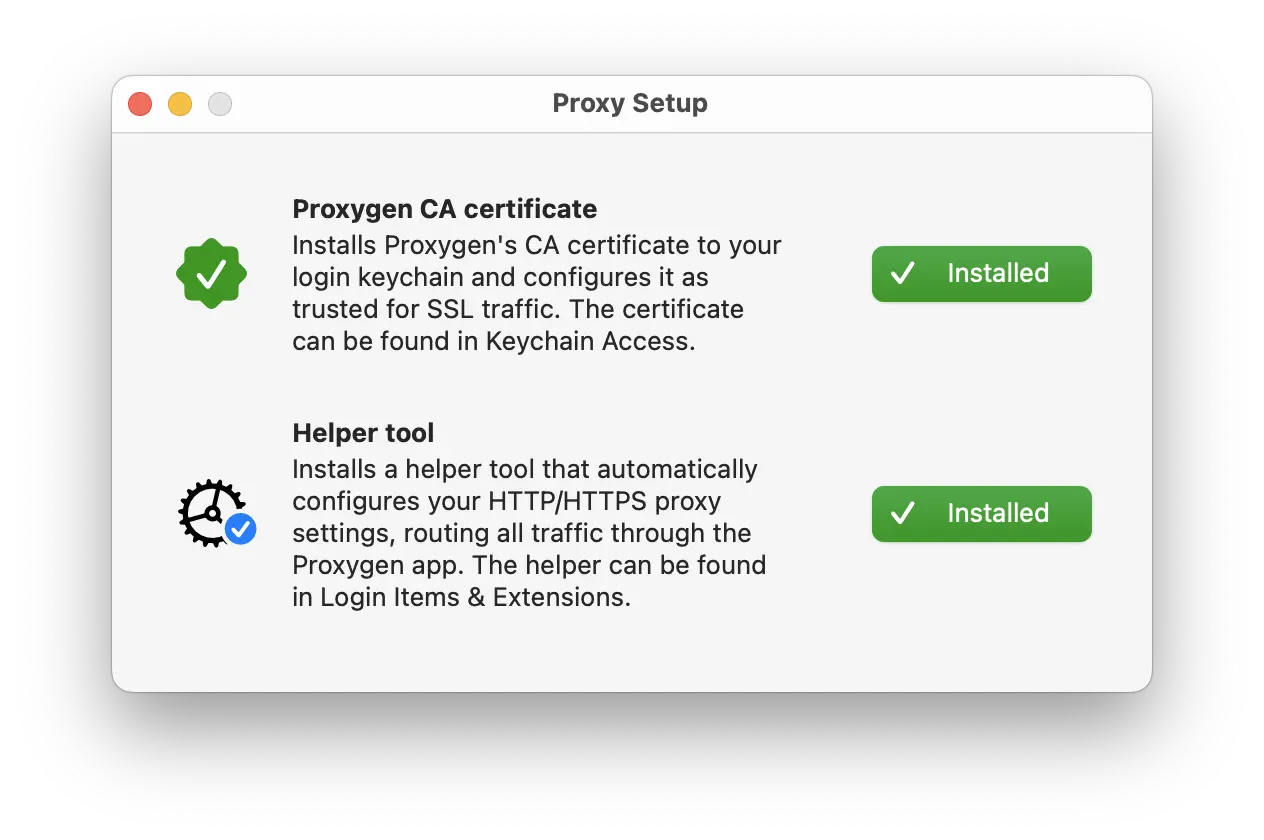 Proxy setup window installs Proxygen CA certificate and privileged helper tool